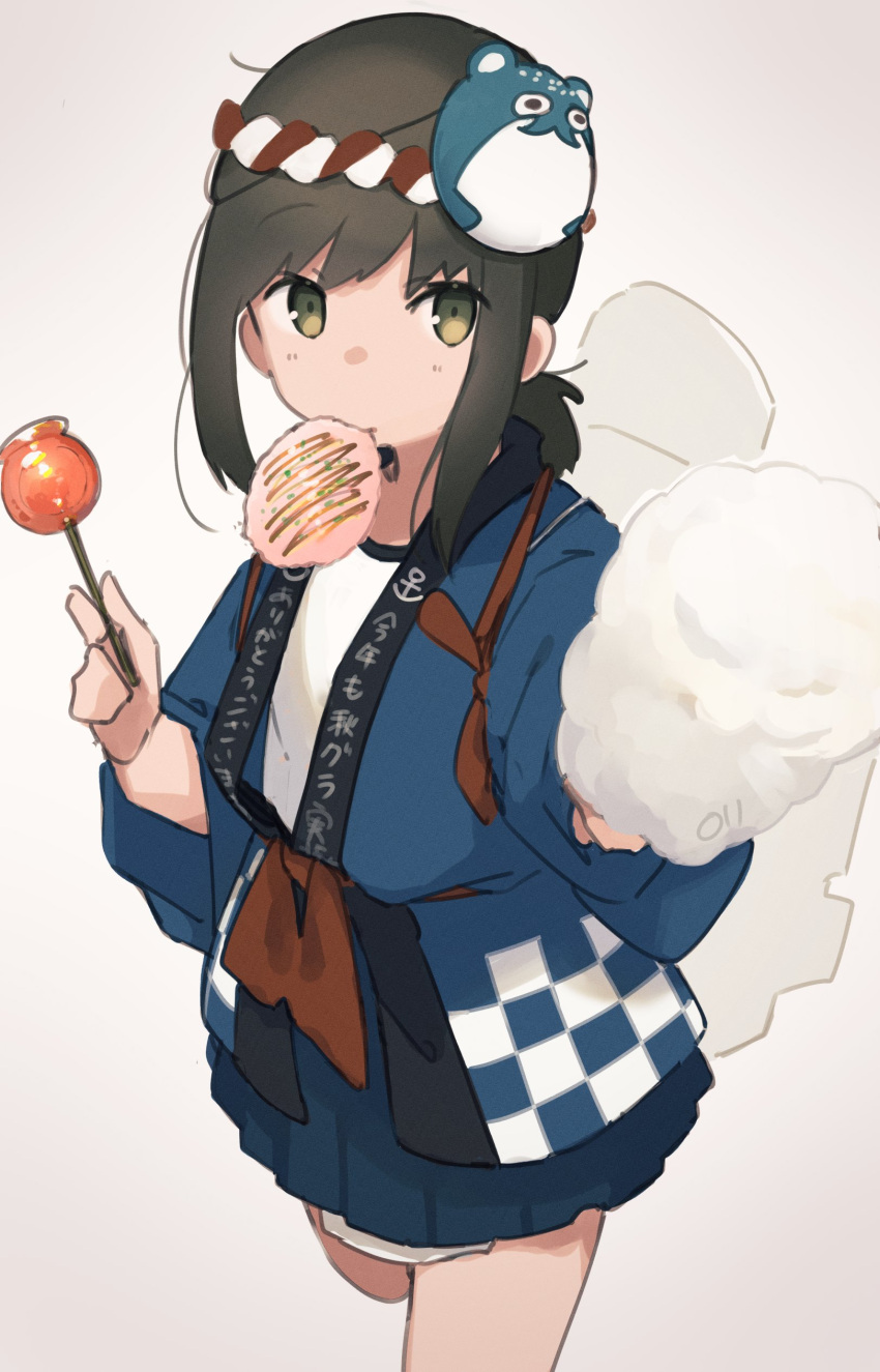1girl absurdres anchor_symbol black_hair blue_shirt bokukawauso candy candy_apple cotton_candy food food_request fubuki_(kancolle) green_eyes hachimaki happi headband highres japanese_clothes kantai_collection looking_at_viewer low_ponytail ma_rukan nejiri_hachimaki ponytail shirt short_hair short_ponytail skirt