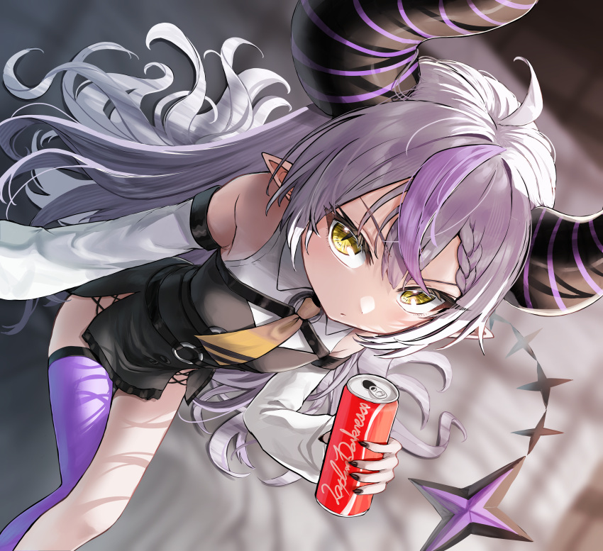 1girl absurdres ahoge ascot black_horns braid braided_bangs can highres hololive horns la+_darknesss la+_darknesss_(1st_costume) landl multicolored_hair pointy_ears purple_hair single_thighhigh soda_can streaked_hair striped_horns thigh-highs virtual_youtuber yellow_ascot yellow_eyes