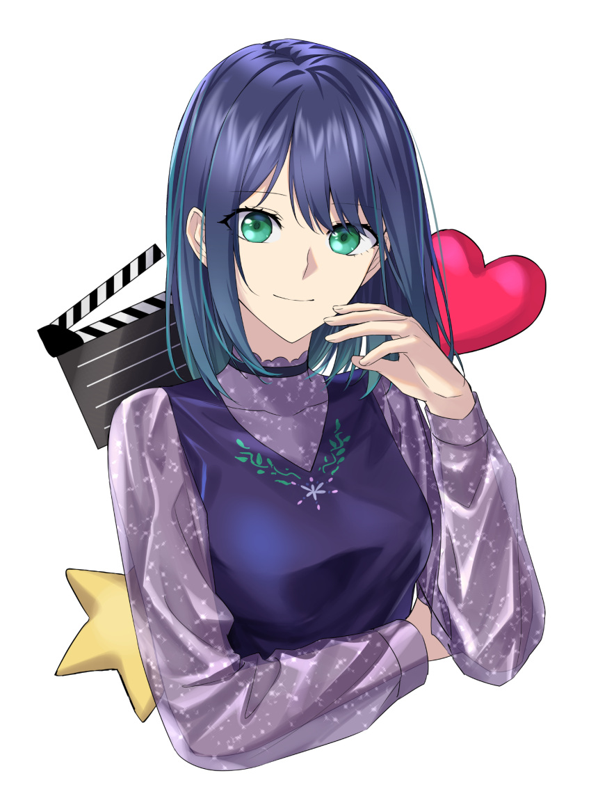 1girl absurdres aqua_hair blue_dress blue_hair breasts clapperboard closed_mouth covered_collarbone cropped_torso dress eyes_visible_through_hair gradient_hair green_eyes hand_on_own_face hand_up heart highres kurokawa_akane light_smile long_sleeves looking_at_viewer medium_breasts medium_hair multicolored_hair oshi_no_ko see-through see-through_shirt simple_background smile solo star_(symbol) suprii upper_body white_background