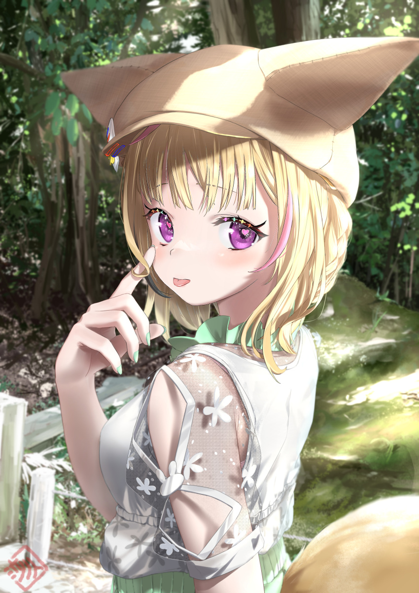 1girl absurdres blonde_hair blouse blunt_bangs braid breasts brown_headwear closed_mouth commentary_request day forest fox_girl fox_hat fox_tail french_braid from_side green_nails hand_up hat heart heart-shaped_pupils highres hololive looking_at_viewer looking_back medium_breasts medium_hair multicolored_hair nail_polish nature official_alternate_costume official_alternate_hairstyle omaru_polka omaru_polka_(3rd_costume) outdoors pink_hair see-through see-through_sleeves shirt short_sleeves sidelocks solo streaked_hair symbol-shaped_pupils tail tongue tongue_out upper_body violet_eyes virtual_youtuber watermark white_shirt yorishiro_tsuki