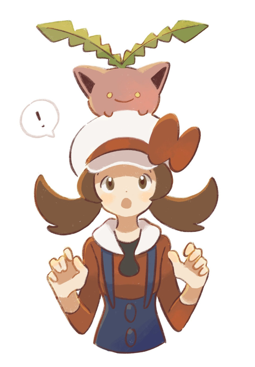 ! 1girl :o blue_overalls blush bow brown_eyes brown_hair cabbie_hat closed_mouth commentary_request cropped_torso hands_up hat hat_bow highres hoppip long_hair long_sleeves looking_up lyra_(pokemon) on_head open_mouth overalls pokemon pokemon_(creature) pokemon_(game) pokemon_hgss pokemon_on_head red_bow red_shirt shirt simple_background smile spoken_exclamation_mark toe_miyama twintails upper_body white_background white_headwear yellow_eyes