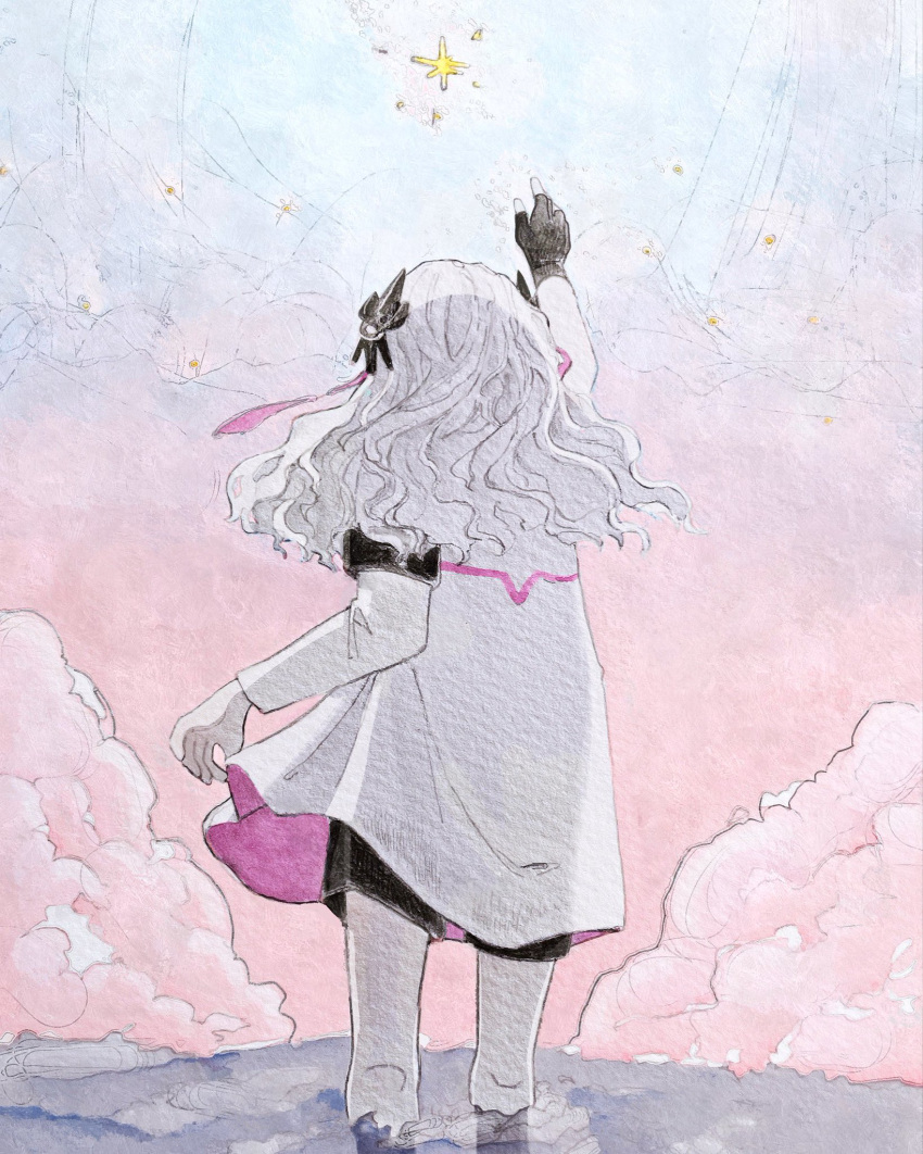 1girl arm_up asymmetrical_sleeves black_shorts blue_sky cevio clouds coat coat_hold commentary_request constellation constellation_request facing_away fingerless_gloves floating_hair from_behind gloves gradient_sky hair_ornament highres kamitsubaki_studio multicolored_hair outdoors pink_clouds pink_sky purple_hair reaching sabaku_(saba9) sekai_(cevio) shorts single_fingerless_glove sky solo standing star_(sky) streaked_hair traditional_media uneven_sleeves wading watercolor_pencil_(medium) wavy_hair white_coat white_hair