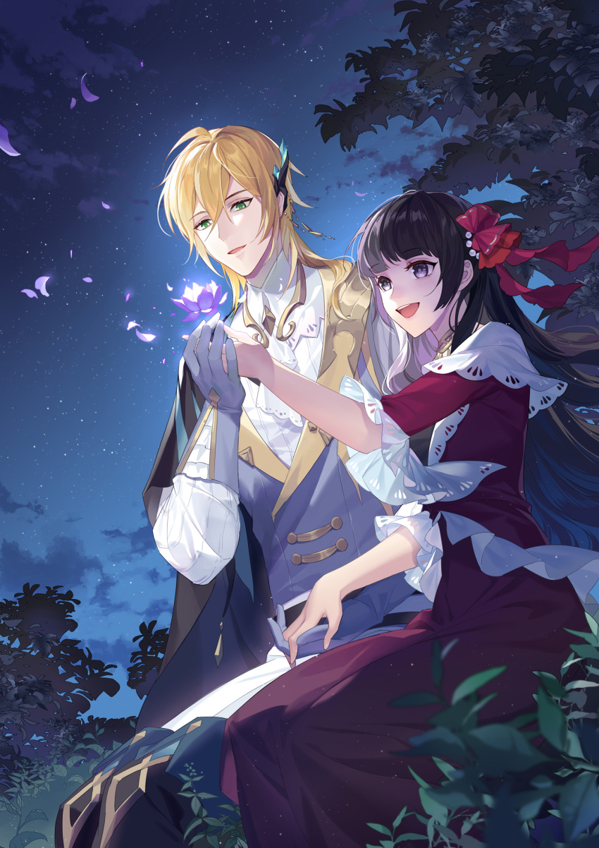1boy 1girl :d aquarius_(artist) ascot belt black_belt black_cape black_footwear black_hair blonde_hair blunt_bangs boots bow cape capelet clouds couple dress ear_covers feet_out_of_frame flower for_all_time frilled_dress frilled_sleeves frills gloves grass green_eyes grey_gloves grey_vest hair_between_eyes hair_bow heroine_(for_all_time) hetero highres holding_hands jewelry lapels light_particles long_dress long_hair long_sleeves looking_at_flowers luchen medium_hair necklace night object_floating_above_hand outdoors pants parted_lips petals purple_flower red_bow red_dress shawl_lapels shirt single_ear_cover sitting sky sleeves_past_elbows smile star_(sky) starry_sky teeth thigh_boots tree upper_teeth_only vest violet_eyes white_ascot white_capelet white_pants white_shirt