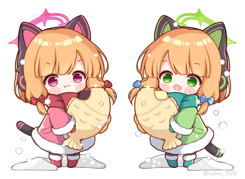 2girls animal_ear_headphones animal_ears black_thighhighs blonde_hair blue_archive blue_bow boots bow coat fake_animal_ears food full_body fur-trimmed_boots fur-trimmed_sleeves fur_trim green_coat green_eyes green_footwear green_halo green_scarf hair_bow halo headphones holding holding_food long_sleeves midori_(blue_archive) momoi_(blue_archive) multiple_girls pink_coat pink_halo red_eyes red_footwear red_scarf scarf short_hair siblings simple_background sisters subin_(subin_2011) thigh-highs twintails twitter_username white_background wide_sleeves