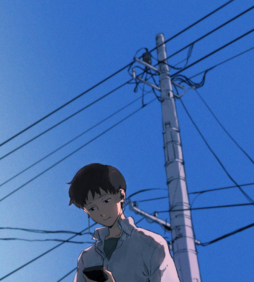 1boy black_eyes black_hair blue_sky blurry blurry_background cassette_player closed_mouth collared_shirt commentary day earphones expressionless highres holding ikari_shinji kgeroua male_focus neon_genesis_evangelion outdoors power_lines shirt short_hair sky solo upper_body utility_pole white_shirt