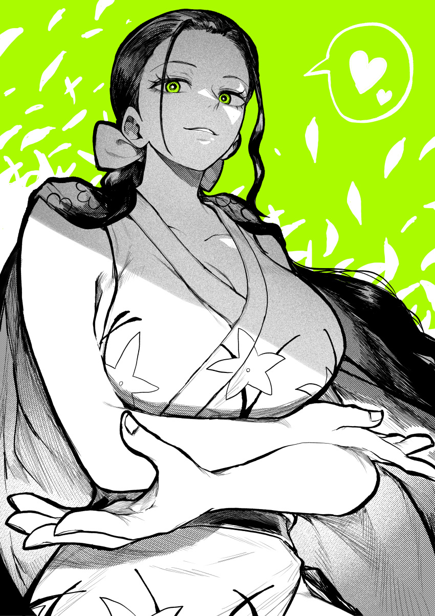 1girl absurdres black_hair collarbone commentary_request green_eyes greyscale_with_colored_background hair_ornament hair_ribbon heart highres japanese_clothes kimono long_hair looking_at_viewer low_ponytail monochrome nico_robin one_piece ponytail ribbon sleeveless smile solo teeth yotsumi_shiro