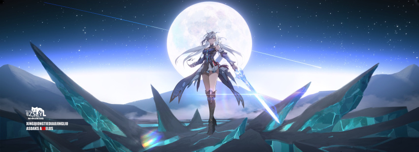 1girl absurdres bare_shoulders black_gloves blue_sleeves chinese_clothes detached_sleeves full_moon gloves high_ponytail highres honkai:_star_rail honkai_(series) izsly jingliu_(honkai:_star_rail) long_hair looking_at_viewer moon ponytail red_eyes white_hair
