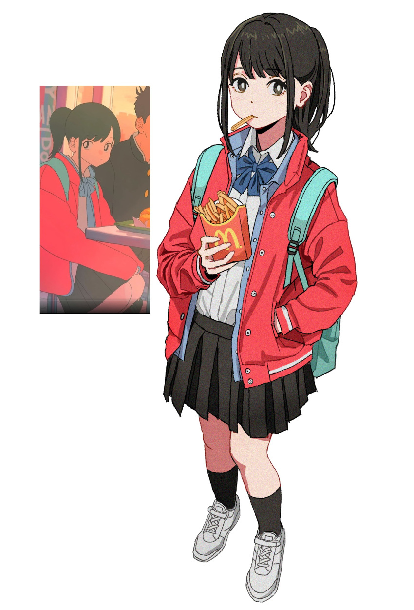 1boy 1girl absurdres backpack bag black_hair black_skirt black_socks blue_bow blue_bowtie bow bowtie boyfriend_(yoru_mac) bright_pupils food french_fries girlfriend_(yoru_mac) hand_in_pocket highres holding holding_food jacket kneehighs looking_at_viewer mcdonald's mouth_hold pleated_skirt red_jacket reference_inset school_uniform shiren_(ourboy83) shirt shirt_tucked_in shoes sidelocks simple_background skirt sneakers socks white_background white_pupils white_shirt yoru_mac