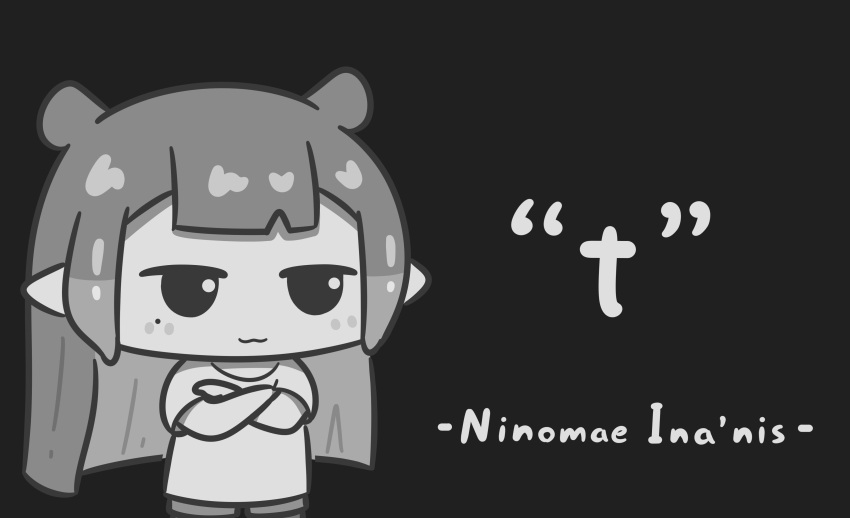 :3 absurdres chibi crossed_arms english_text greyscale highres hololive hololive_english long_hair mole mole_under_eye monochrome mpien ninomae_ina'nis pointy_ears shirt smirk t-shirt tentacle_hair virtual_youtuber