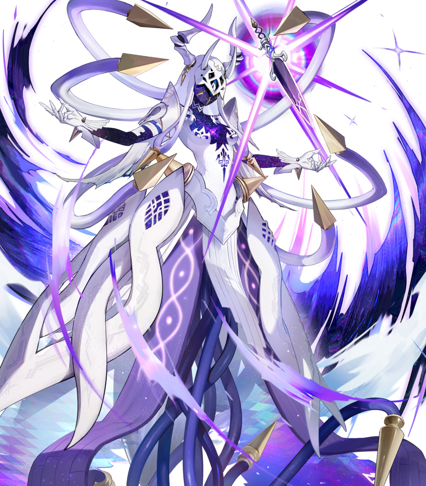 1girl attack dress english_commentary fire_emblem fire_emblem_heroes ginnungagap_(fire_emblem) gloves glowing glowing_weapon highres horns hou_(ppo) mask mechanical_horns multicolored_hair non-web_source official_art one-eyed outstretched_arms purple_hair shine solo tentacle_hair transparent_background two-tone_hair weapon white_dress white_gloves white_hair white_mask
