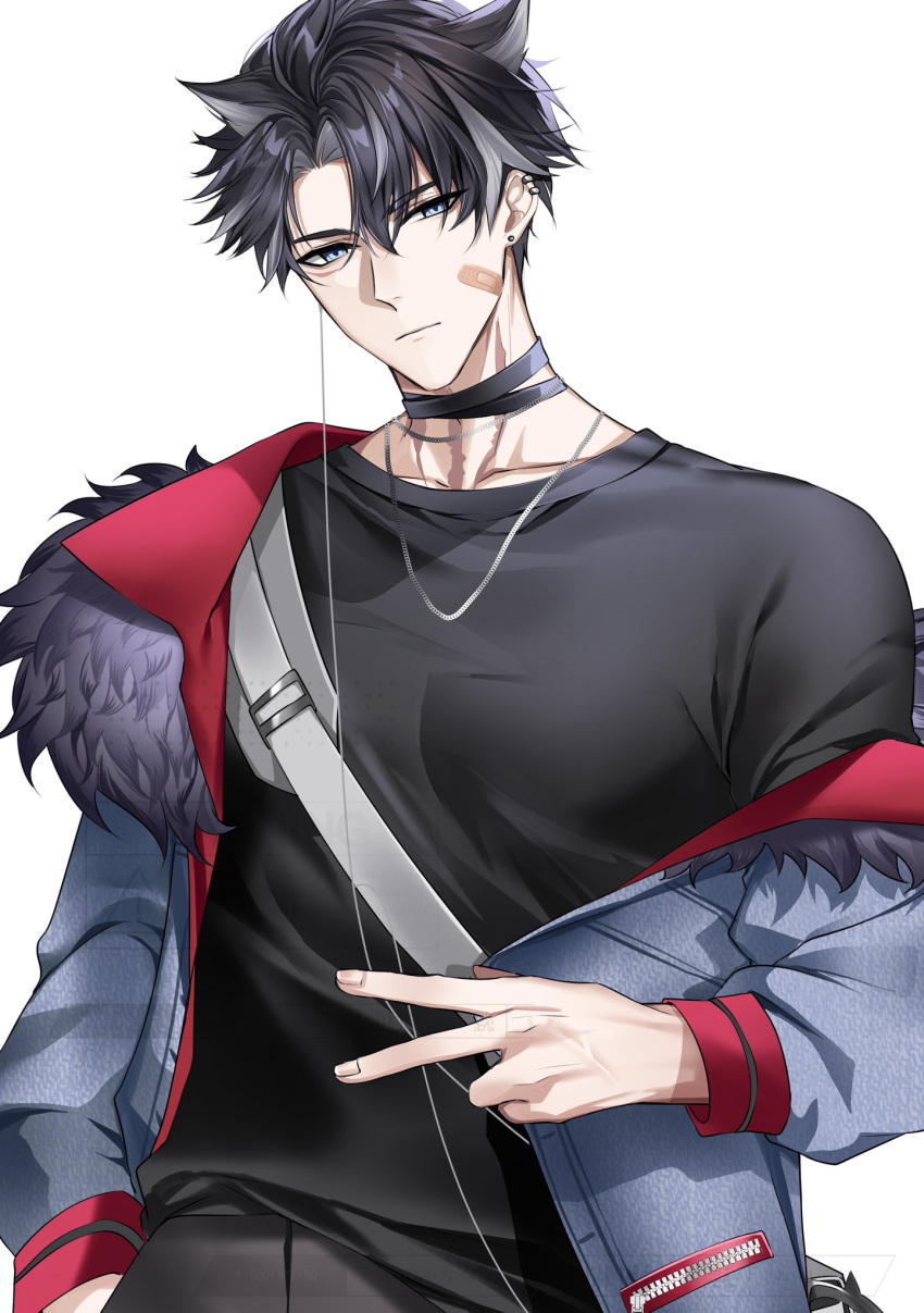 1boy alternate_costume animal_ears bandage_on_face bandages black_choker black_hair black_shirt choker closed_mouth coat earrings fur-trimmed_coat fur_trim genshin_impact hair_between_eyes highres jewelry looking_at_viewer male_focus multicolored_hair necklace scar scar_on_neck shirt short_hair simple_background solo streaked_hair upper_body v white_background wriothesley_(genshin_impact) z0umu zipper