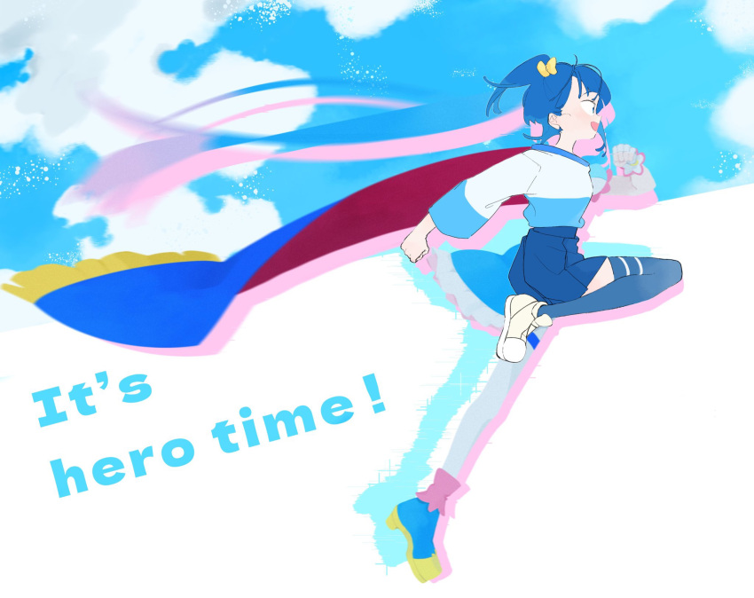 1girl 35kawaiiprpr blue_camisole blue_eyes blue_footwear blue_hair blue_shirt blue_skirt blue_sky blue_thighhighs boots camisole cape clouds cloudy_sky commentary cure_sky english_commentary english_text fringe_trim from_side hair_ribbon highres hirogaru_sky!_precure jumping leg_up long_sleeves looking_to_the_side medium_hair miniskirt open_mouth pleated_skirt precure red_cape ribbon shirt shoes side_ponytail silhouette skirt sky smile solo sora_harewataru thigh-highs two-sided_cape two-sided_fabric white_footwear yellow_ribbon