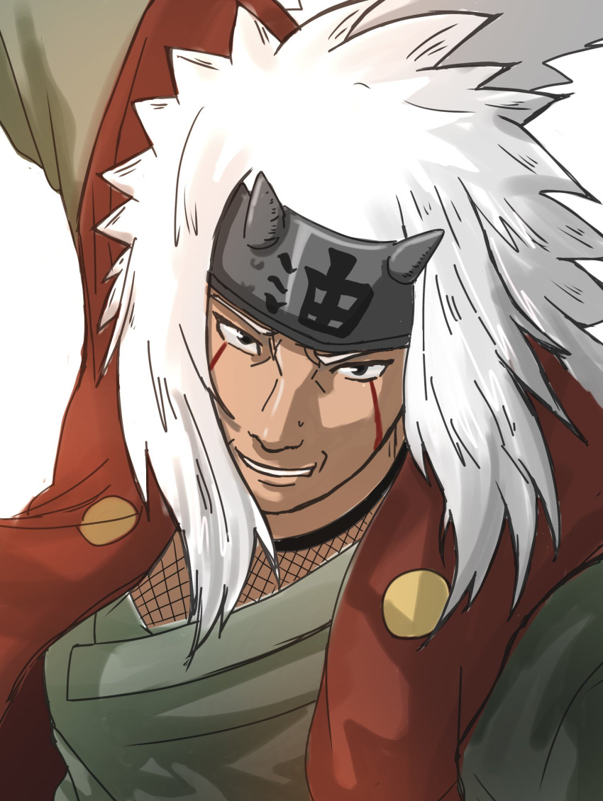 1boy facial_mark flak_jacket forehead_protector highres hmersuio jacket jiraiya_(naruto) konohagakure_symbol long_hair male_focus naruto_(series) solo whisker_markings white_hair