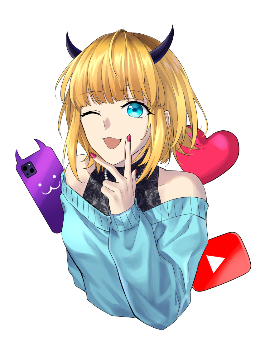 1girl ;d absurdres aqua_eyes aqua_sweater bare_shoulders blonde_hair blue_eyes blue_sweater blunt_bangs cellphone cropped_torso demon_horns fingernails hand_up heart highres horns jewelry long_sleeves looking_at_viewer memcho nail_polish necklace off-shoulder_sweater off_shoulder one_eye_closed open_mouth oshi_no_ko pearl_necklace phone red_nails ribbed_sweater short_hair simple_background smartphone smartphone_case smile solo suprii sweater upper_body v_over_mouth w white_background youtube_logo