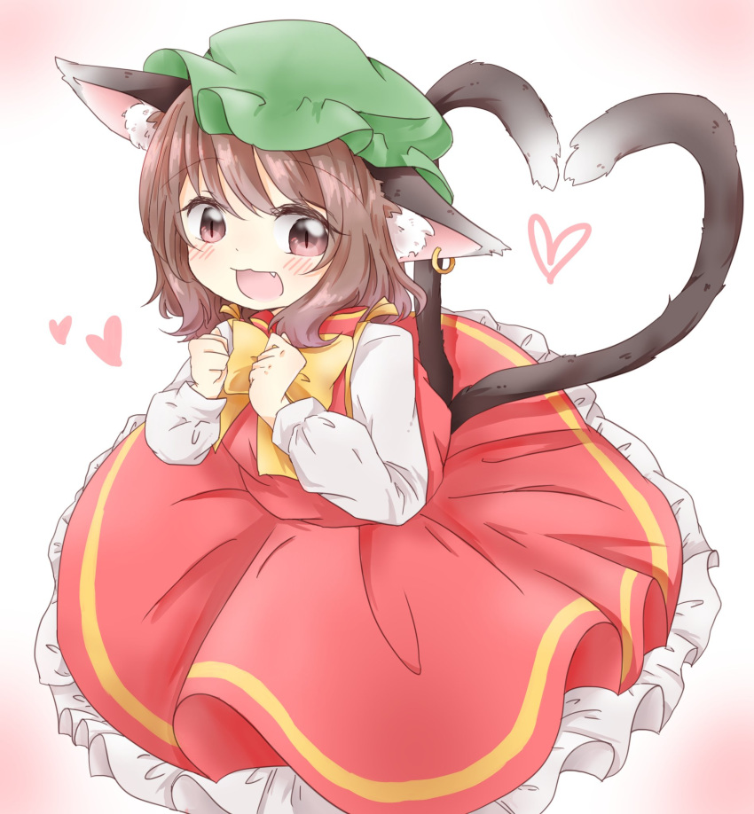 1girl :d animal_ear_fluff animal_ear_piercing animal_ears blush bow bowtie brown_eyes brown_hair cat_ears cat_tail chen commentary_request dot_nose dress earrings ears_down fang frills from_above green_headwear hands_up happy heart heart_tail highres jewelry long_sleeves medium_hair multiple_tails nekomata open_mouth petticoat red_dress simple_background single_earring slit_pupils smile solo swept_bangs tail touhou two_tails white_background yellow_bow yellow_bowtie yume_suzu_(yumeri)