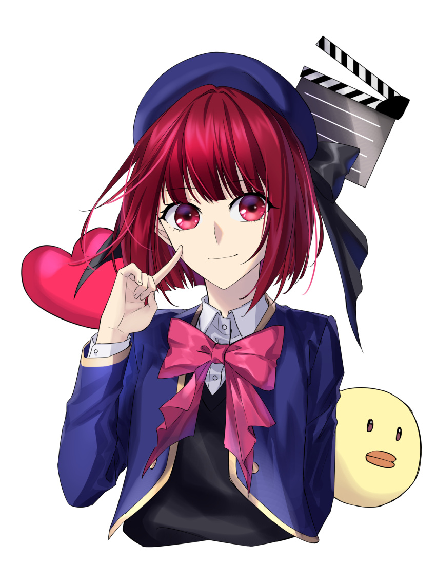 1girl absurdres arima_kana beret black_vest blue_headwear blue_jacket blunt_bangs bob_cut bow buttons clapperboard closed_mouth collared_shirt cropped_torso finger_to_face hat heart highres index_finger_raised jacket light_smile open_clothes open_jacket oshi_no_ko pieyon pink_bow red_eyes redhead school_uniform shirt short_hair simple_background smile solo suprii upper_body vest white_background white_shirt youtou_high_school_uniform