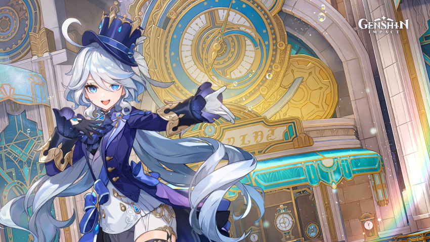 1girl ahoge ascot asymmetrical_gloves black_ascot black_gloves blue_ascot blue_brooch blue_eyes blue_gemstone blue_hair blue_headwear blue_jacket cowlick drop-shaped_pupils furina_(genshin_impact) gem genshin_impact gloves hair_between_eyes hat heterochromia highres jacket light_blue_hair logo long_hair long_sleeves looking_at_viewer mismatched_gloves mismatched_pupils multicolored_hair official_art open_mouth shorts smile solo streaked_hair top_hat very_long_hair white_gloves white_hair white_shorts white_trim_bow