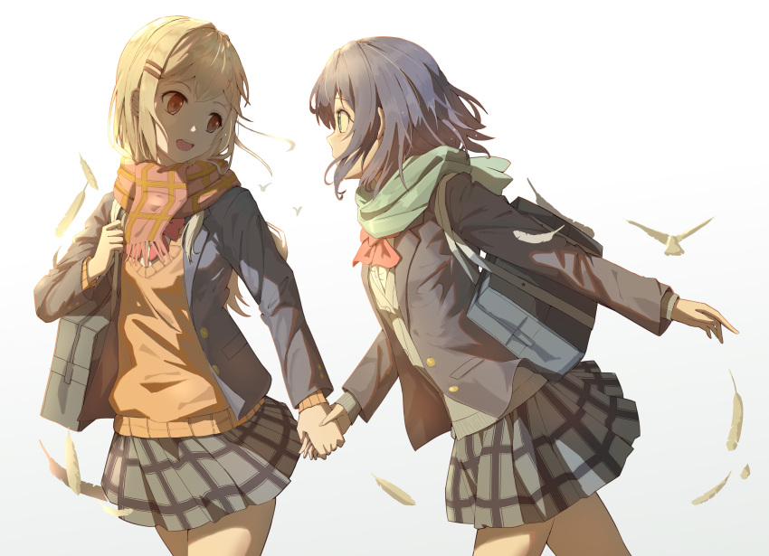2girls absurdres adachi_sakura adachi_to_shimamura bag black_skirt blazer blonde_hair blue_eyes blue_hair bow brown_eyes brown_sweater buttons carrying_bag commentary_request green_scarf grey_sweater hair_between_eyes hair_ornament hairclip hand_grab highres jacket long_hair looking_at_another looking_back medium_hair mq.d multiple_girls open_mouth orange_sweater pink_scarf plaid plaid_scarf plaid_skirt red_bow scarf school_bag school_uniform shimamura_hougetsu shirt skirt sweater v-neck white_shirt yuri