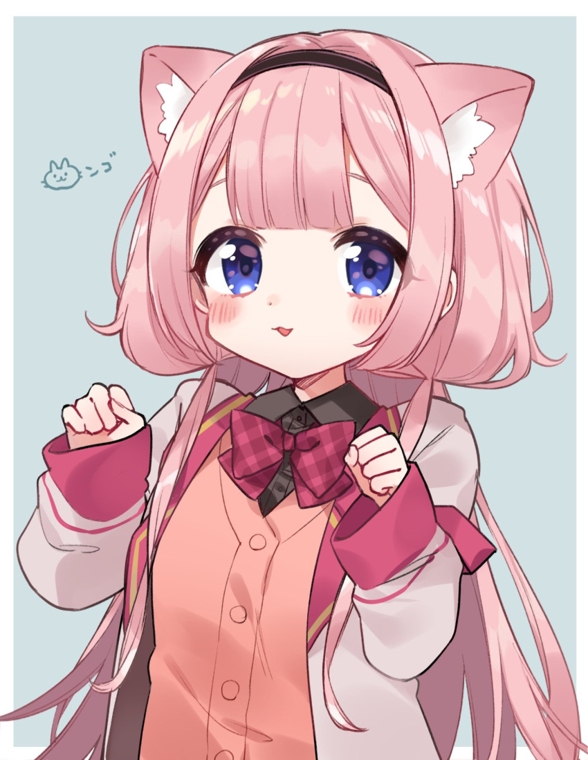 1girl :3 animal_ear_fluff animal_ears black_hairband black_shirt blue_background blue_eyes blunt_bangs blush border bow bowtie brown_cardigan cardigan cat_ears collared_shirt commentary_request hairband hands_up highres jacket kemonomimi_mode kurihara_sakura long_hair long_sleeves looking_at_viewer nijisanji open_clothes open_jacket open_mouth paw_pose pink_hair plaid plaid_bow plaid_bowtie school_uniform selene_girls_school_uniform shirt smile solo suo_sango suo_sango_(1st_costume) upper_body virtual_youtuber white_border white_jacket