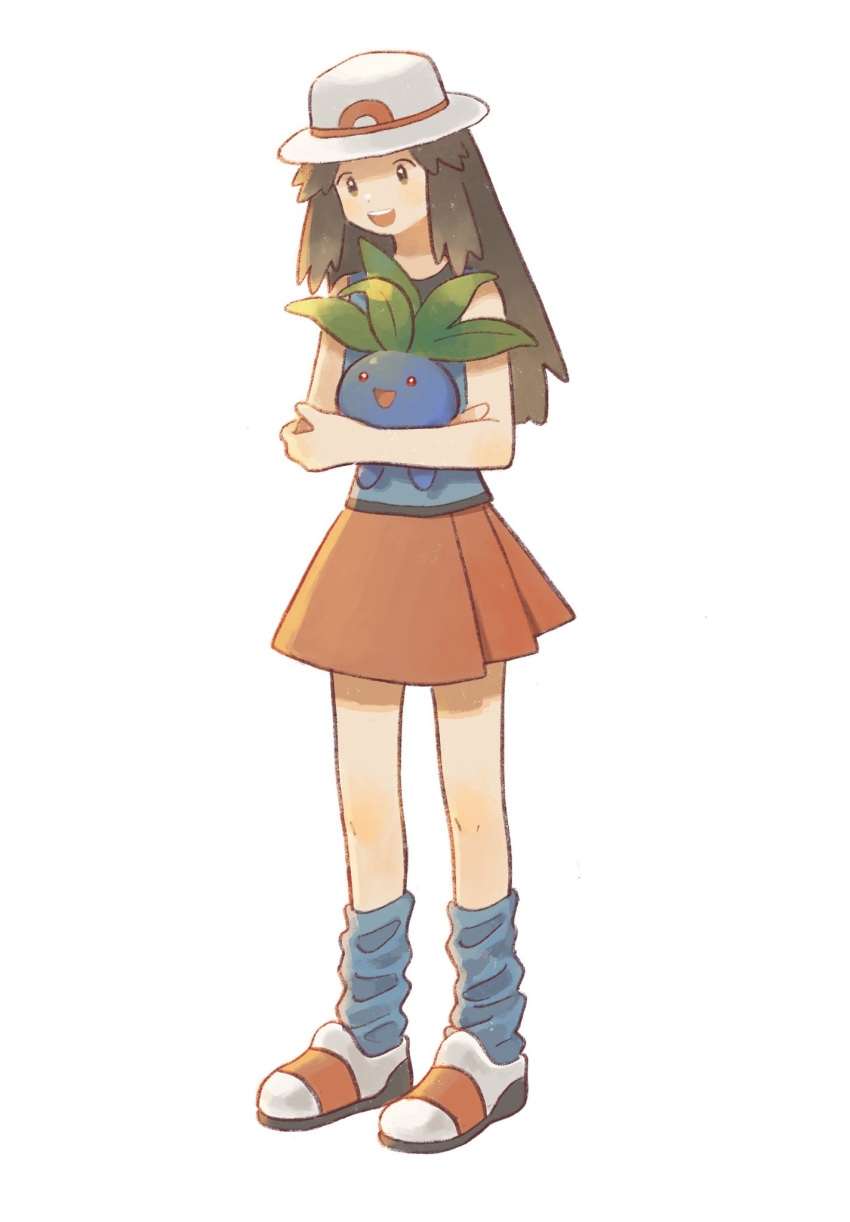 1girl :d blue_shirt blue_socks blush brown_eyes brown_hair bucket_hat commentary_request full_body hair_flaps hat highres holding holding_pokemon leaf_(pokemon) long_hair looking_at_another looking_down loose_socks oddish open_mouth pleated_skirt pokemon pokemon_(creature) pokemon_(game) pokemon_frlg red_eyes red_skirt shirt shoes simple_background skirt sleeveless sleeveless_shirt smile socks standing toe_miyama white_background white_footwear white_headwear