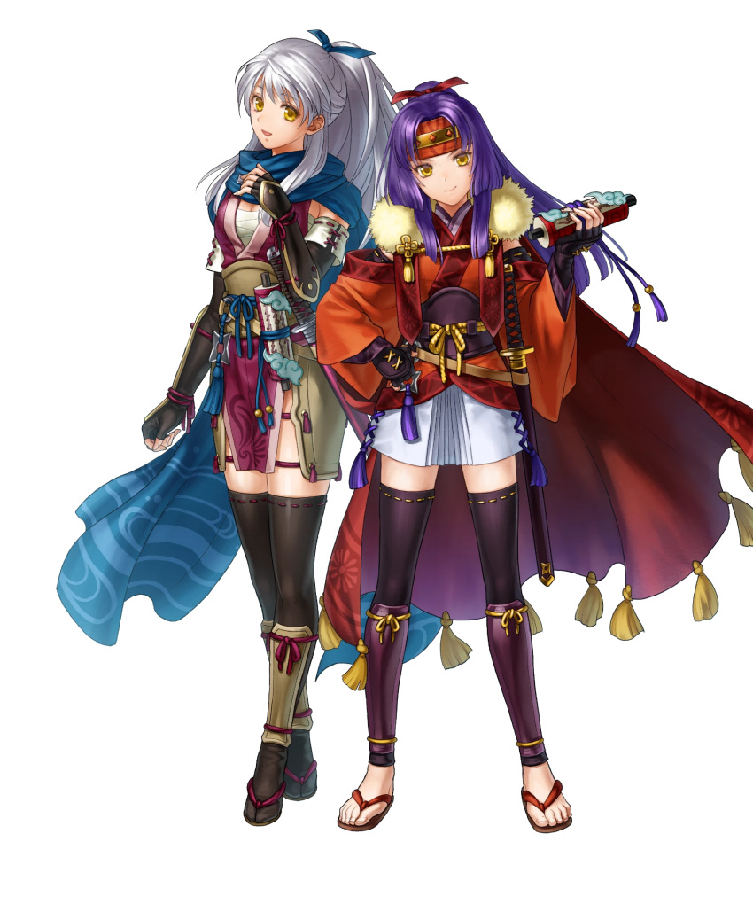 2girls arm_guards black_gloves black_thighhighs fingerless_gloves fire_emblem fire_emblem:_radiant_dawn fire_emblem_heroes gloves hair_ribbon hand_on_own_chest headband highres holding holding_scroll japanese_clothes kita_senri long_hair looking_at_viewer micaiah_(fire_emblem) micaiah_(ninja)_(fire_emblem) multiple_girls ninja non-web_source official_alternate_costume official_alternate_hairstyle official_art ponytail purple_hair ribbon sanaki_kirsch_altina sanaki_kirsch_altina_(ninja) scarf scroll smile thigh-highs white_background white_hair yellow_eyes zettai_ryouiki