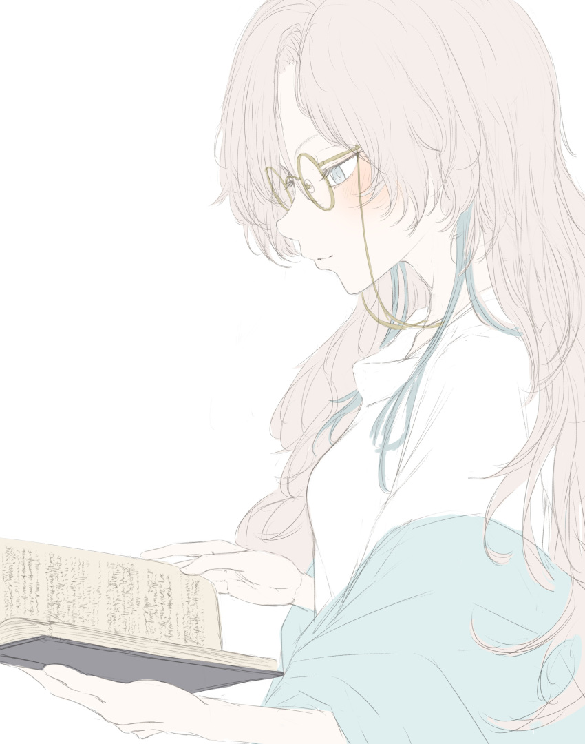 1girl absurdres alternate_costume bespectacled blue_eyes blue_hair blue_shawl blush book commentary_request glasses grey_hair highres holding holding_book isekai_joucho kamitsubaki_studio kino_(kin0_oz) light_smile long_hair multicolored_hair profile round_eyewear shawl simple_background sketch solo sweater two-tone_hair upper_body virtual_youtuber white_background white_sweater