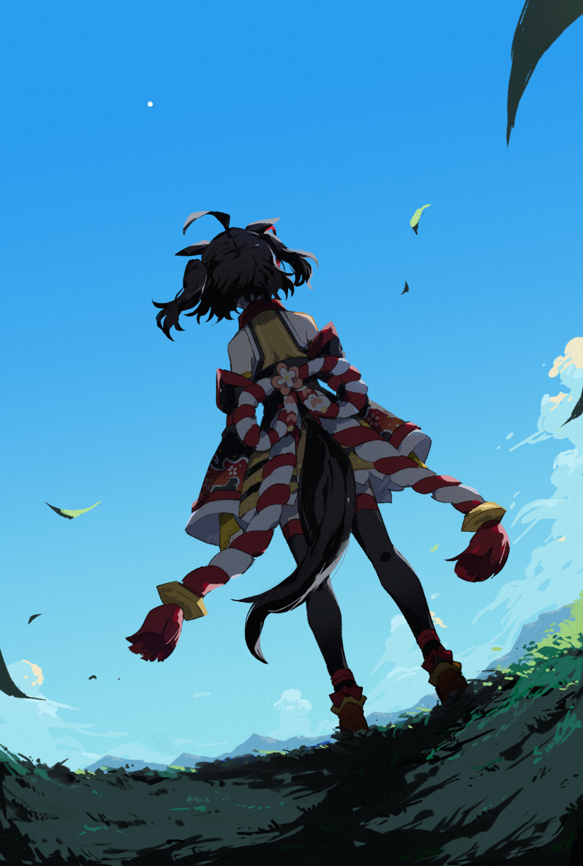 1girl ahoge animal_ears arm_at_side bare_shoulders black_hair black_thighhighs blue_sky commentary_request day detached_sleeves falling_leaves floral_print floral_print_kimono from_behind full_body grass highres horse_ears horse_girl horse_tail kitasan_black_(umamusume) kouhaku_nawa leaf looking_afar md5_mismatch mixed-language_commentary mountainous_horizon outdoors red_footwear resolution_mismatch rope sash shimenawa shirt shoes short_hair skirt sky sleeveless sleeveless_shirt solo source_larger standing tail thigh-highs tmt7823 two_side_up umamusume yellow_shirt yellow_skirt