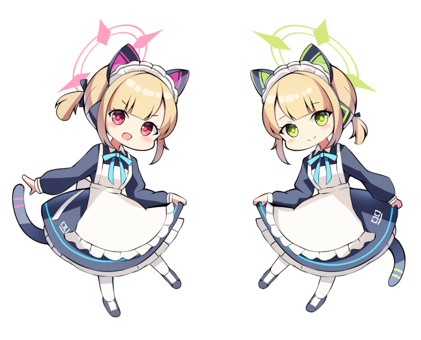 2girls animal_ear_headphones animal_ears apron black_dress black_footwear blonde_hair blue_archive cat_tail closed_mouth dress fake_animal_ears frilled_apron frills full_body green_eyes green_halo halo headphones korean_commentary long_sleeves looking_at_viewer maid maid_apron maid_headdress midori_(blue_archive) midori_(maid)_(blue_archive) momoi_(blue_archive) momoi_(maid)_(blue_archive) multiple_girls official_alternate_costume open_mouth pantyhose pink_halo red_eyes shoes short_hair siblings simple_background sisters smile sob_(submar1089) tail twins white_apron white_background white_pantyhose
