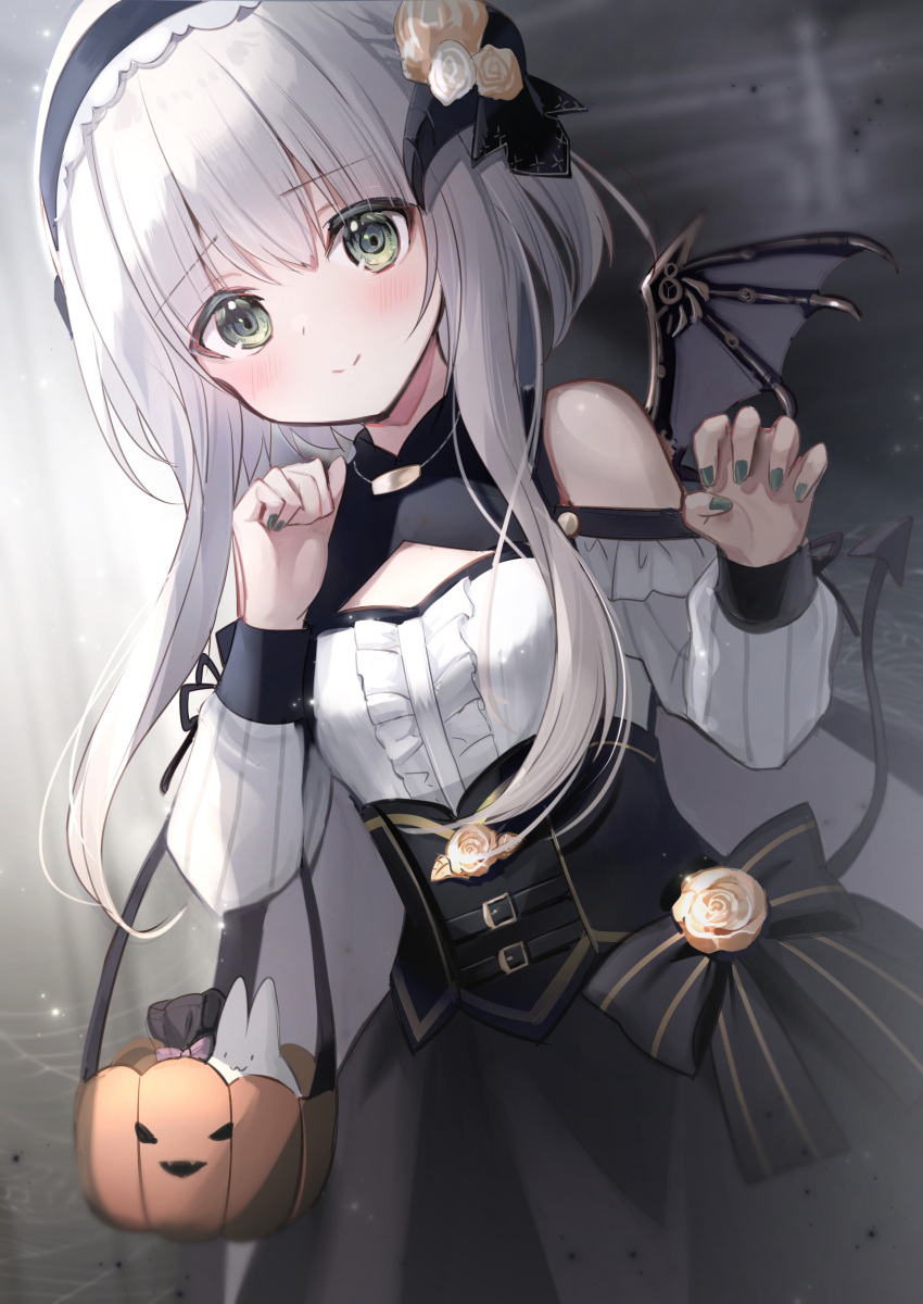 1girl absurdres bare_shoulders basket claw_pose closed_mouth commentary_request demon_tail detached_sleeves flower green_eyes green_nails hair_flower hair_ornament hairband halloween highres jack-o'-lantern original rose smile solo tail white_hair wings yomogi_komegura