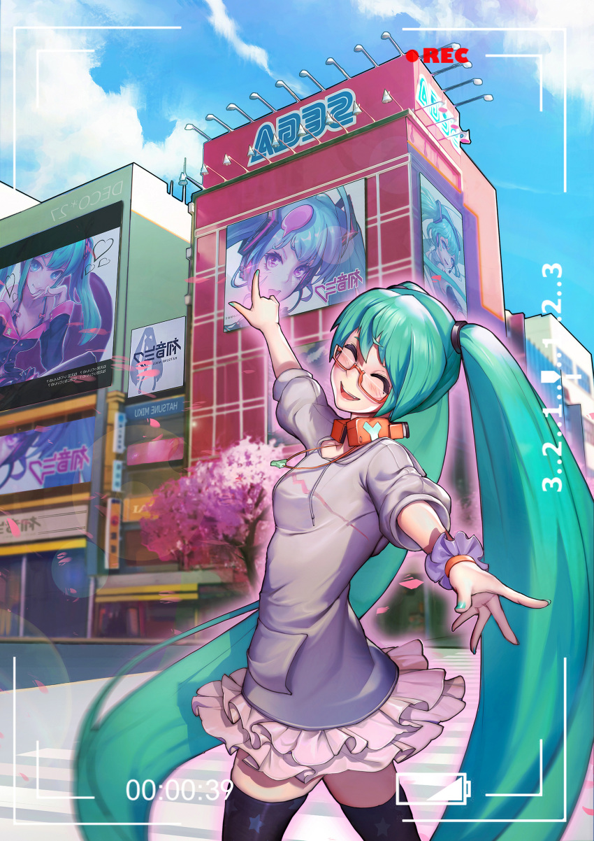 1girl 39 absurdres aqua_hair bespectacled building closed_eyes clouds commentary_request day duplicate glasses hatsune_miku headphones headphones_around_neck highres jewelry long_hair nail_polish necklace oop open_mouth osanpo_style_(module) outstretched_arms photoshop_(medium) pixel-perfect_duplicate project_diva_(series) recording sega skirt sky solo spread_arms spring_onion thigh-highs twintails very_long_hair viewfinder vocaloid walking