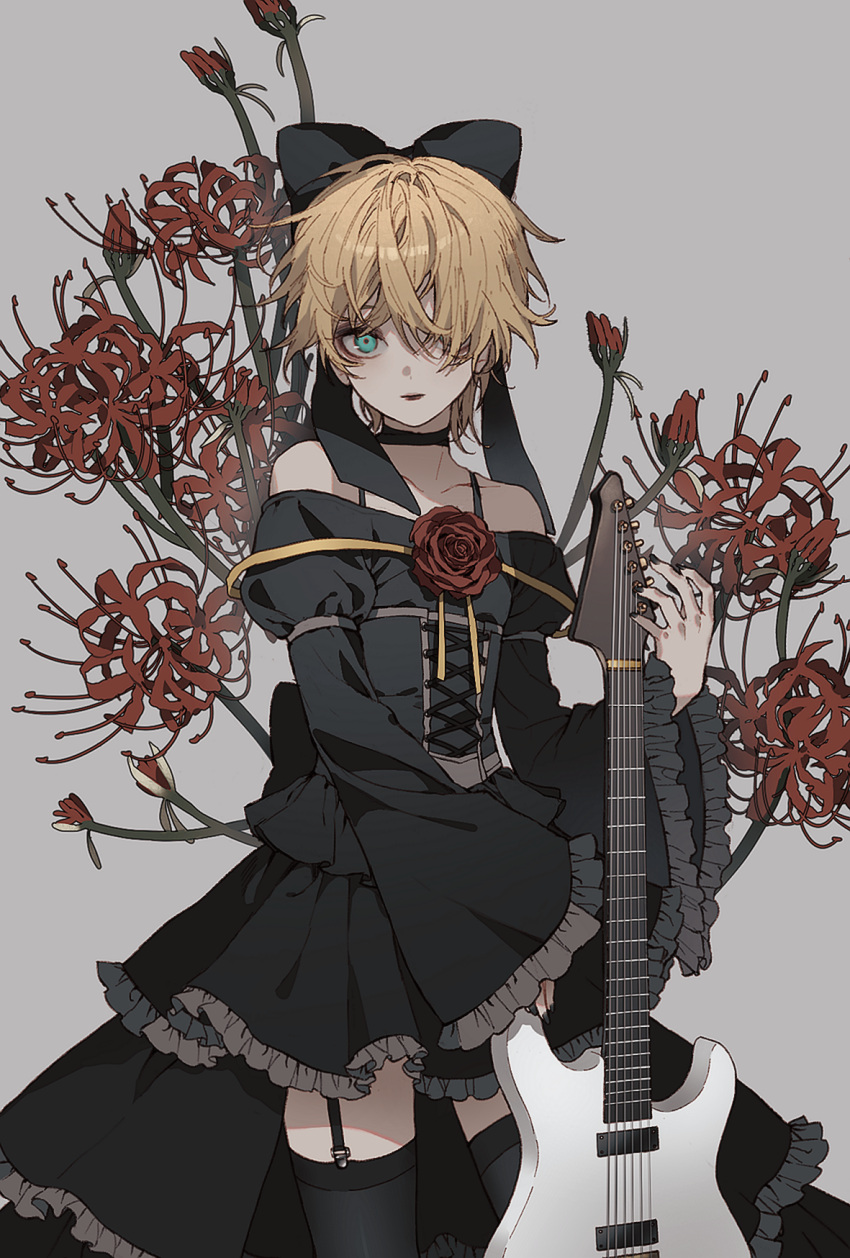 1boy bare_shoulders black_dress black_nails black_ribbon black_thighhighs blonde_hair bsgkstnals03 choker cross-laced_clothes crossdressing dress expressionless flower frilled_dress frilled_sleeves frills garter_straps gothic_lolita green_eyes grey_background guitar hair_over_one_eye highres instrument kagamine_len lipstick lolita_fashion long_sleeves looking_at_viewer makeup male_focus off-shoulder_dress off_shoulder otoko_no_ko pale_skin red_flower red_rose ribbon rose short_hair sleeves_past_fingers sleeves_past_wrists spider_lily standing thigh-highs vanan'ice vocaloid