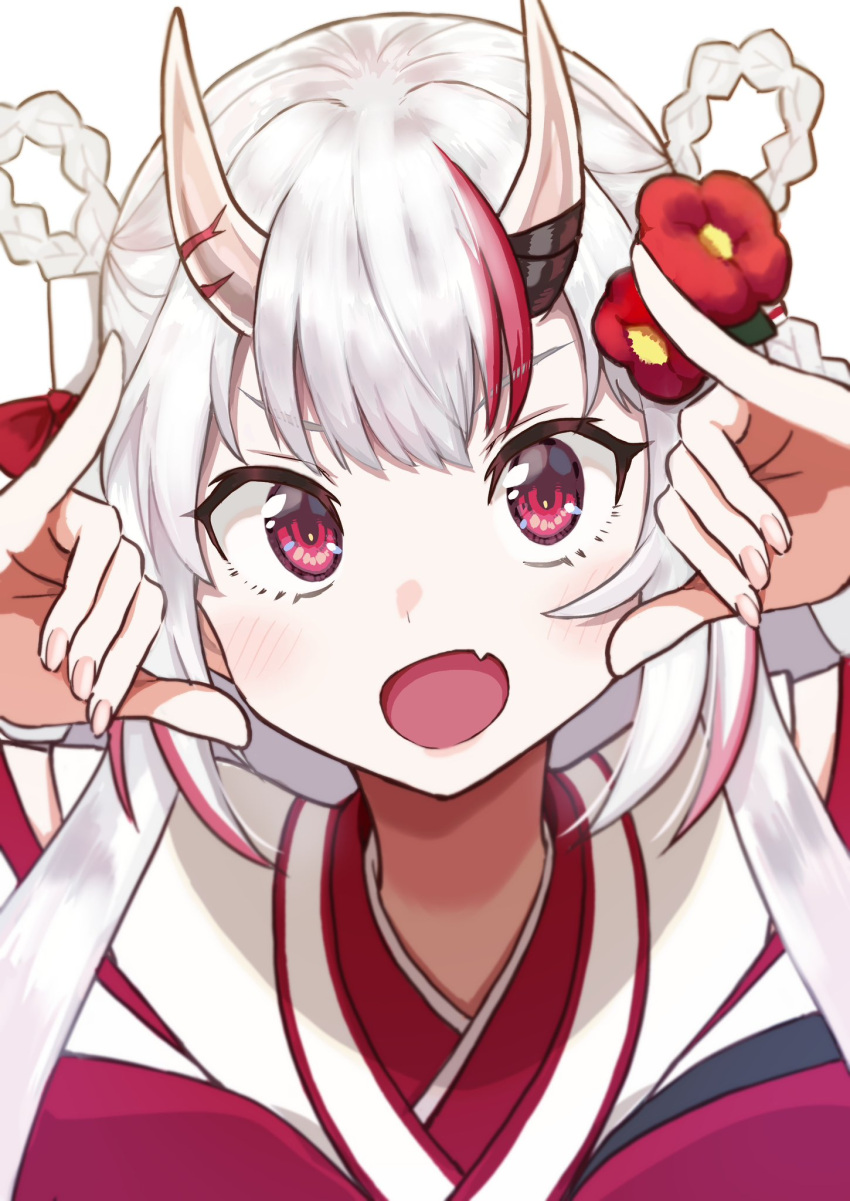 1girl @-you_(you_2023_8_16) braid fang hair_ornament highres hololive horns japanese_clothes multicolored_hair nakiri_ayame oni_horns open_mouth red_eyes redhead skin_fang streaked_hair white_hair