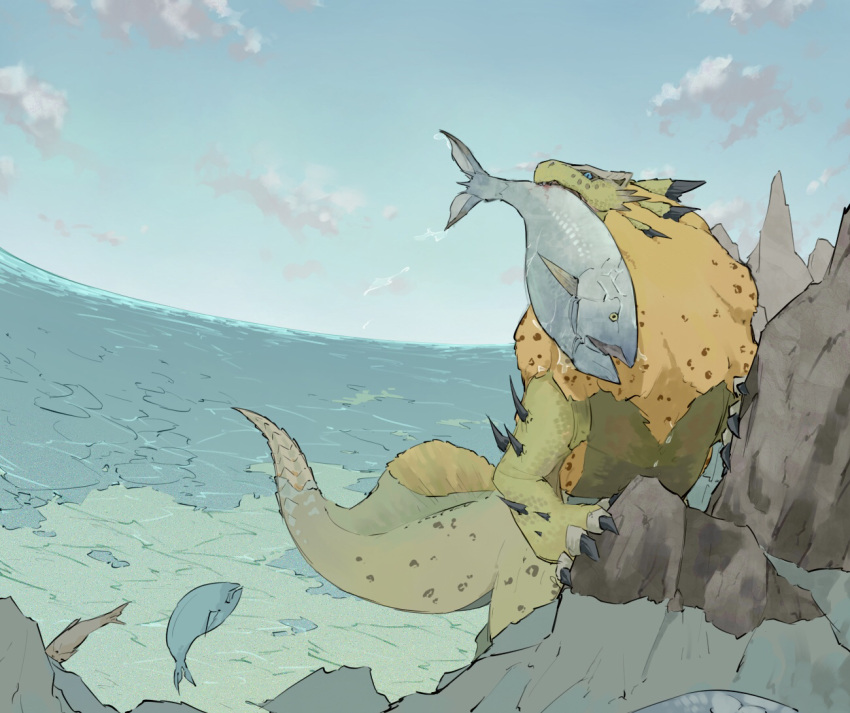 animal blue_eyes claws clouds fins fish holding holding_animal holding_fish horizon horns hunting monster_hunter_(series) nature no_humans ocean open_mouth rock royal_ludroth sky spikes sponge user_gdzk5382 yellow_eyes