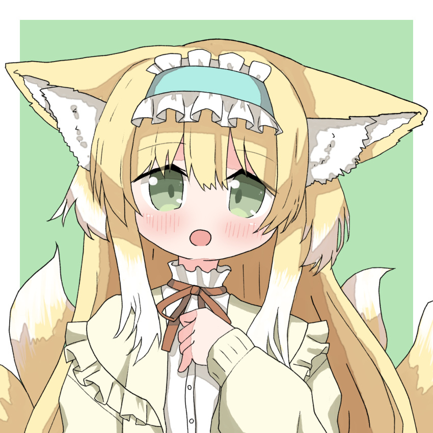 1girl animal_ear_fluff animal_ears arknights blonde_hair blue_hairband blush border cardigan colored_tips commentary_request fox_ears fox_girl fox_tail frilled_hairband frills green_background green_eyes hair_between_eyes hairband hand_up highres kitsune kyuubi long_hair long_sleeves looking_at_viewer mia_yorumiya multicolored_hair multiple_tails neck_ribbon official_alternate_costume open_mouth outside_border puffy_long_sleeves puffy_sleeves red_ribbon ribbon shirt solo suzuran_(arknights) suzuran_(spring_praise)_(arknights) tail upper_body white_border white_hair white_shirt yellow_cardigan