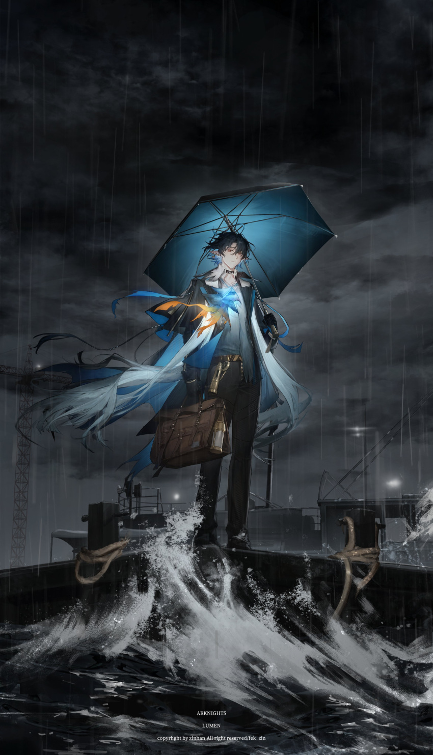 1boy absurdres arknights artist_name ascot bag black_collar black_footwear black_gloves black_hair black_pants blue_ascot blue_hair blue_umbrella brown_bag character_name clouds cloudy_sky coat coat_on_shoulders collar colored_inner_hair commentary copyright_name english_text fek_zin frown full_body gloves gradient_ascot grey_sky highres holding holding_bag holding_umbrella looking_at_viewer lumen_(arknights) male_focus messy_hair multicolored_hair open_clothes open_coat outdoors pants pointy_ears rain scarf ship shoes short_hair sky solo umbrella watercraft waves white_scarf yellow_ascot yellow_eyes