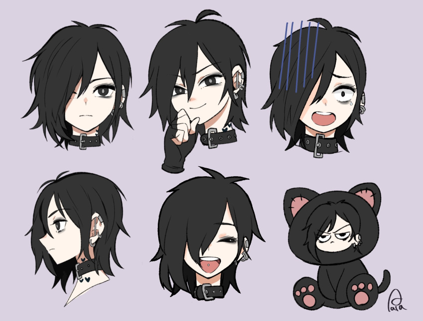 1girl black_eyes black_hair closed_eyes collar ear_piercing expression_chart fingerless_gloves gloves grey_background hair_over_one_eye highres judy_(sushi_pizza_rrr) multiple_views open_mouth original piercing short_hair simple_background smile smirk sushi_pizza_rrr teeth tongue tongue_piercing