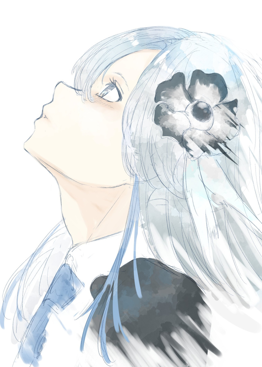 1girl black_flower blue_hair blue_necktie close-up expressionless flower from_side grey_eyes grey_hair hair_flower hair_ornament highres isekai_joucho kamitsubaki_studio kino_(kin0_oz) looking_up multicolored_hair necktie profile simple_background sketch solo two-tone_hair virtual_youtuber white_background