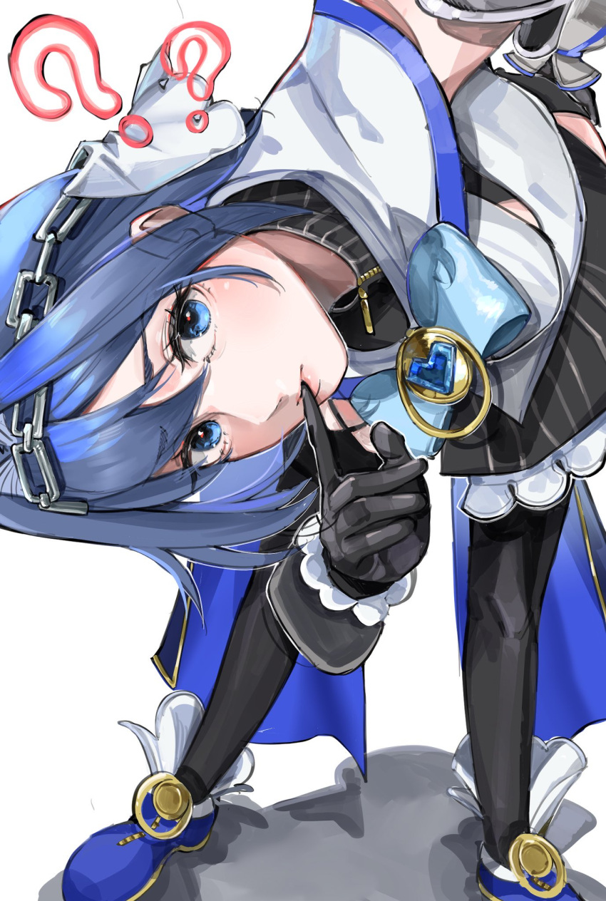 1girl ? black_gloves black_thighhighs blue_bow blue_cape blue_eyes blue_footwear blue_hair blue_ribbon bow breasts cape chain chain_headband clothing_cutout collar detached_sleeves gloves hair_between_eyes hair_intakes hand_on_own_ass heart highres hololive hololive_english jewelry juliet_sleeves large_breasts leaning_forward long_sleeves looking_at_viewer micro_shorts miniskirt ouro_kronii ouro_kronii_(1st_costume) puffy_sleeves punapple ribbon shirt short_hair shorts signature skirt sleeveless sleeveless_shirt sleeveless_turtleneck solo thigh-highs turtleneck under_boob underboob_cutout veil virtual_youtuber yellow_footwear