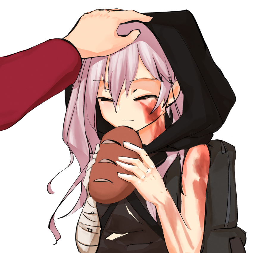 1boy 1girl backpack bag bandaged_arm bandaged_hand bandages black_bag black_hood bread burn_scar closed_eyes closed_mouth commander_(girls'_frontline) commentary english_commentary food gio_paint girls_frontline griffin_&amp;_kryuger_military_uniform hair_between_eyes headpat highres holding holding_food light_smile long_hair pink_hair poverty refugee_(girls'_frontline) scar shirt simple_background sleeveless sleeveless_shirt solo_focus torn_clothes upper_body white_background
