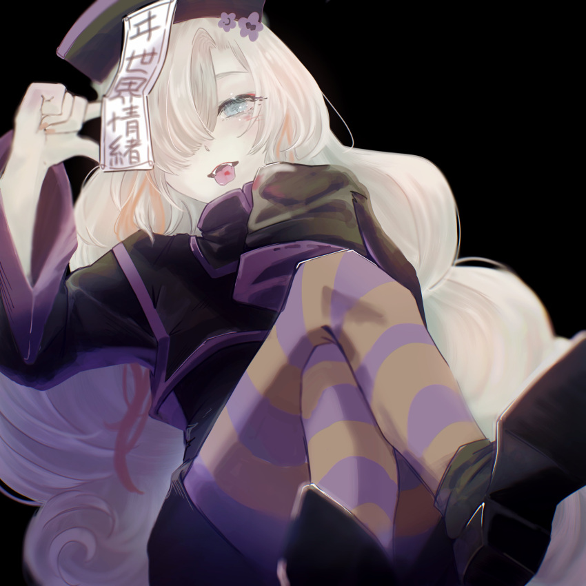 1girl absurdres alternate_costume black_background black_footwear blue_eyes chinese_clothes crossed_legs fangs grey_hair hair_over_one_eye hand_up hat highres isekai_joucho jiangshi_costume kamitsubaki_studio long_hair looking_at_viewer mugge_pizzicato multicolored_hair ofuda open_mouth pantyhose redhead simple_background sitting sleeves_past_fingers sleeves_past_wrists solo striped striped_pantyhose tongue tongue_out two-tone_hair very_long_hair virtual_youtuber