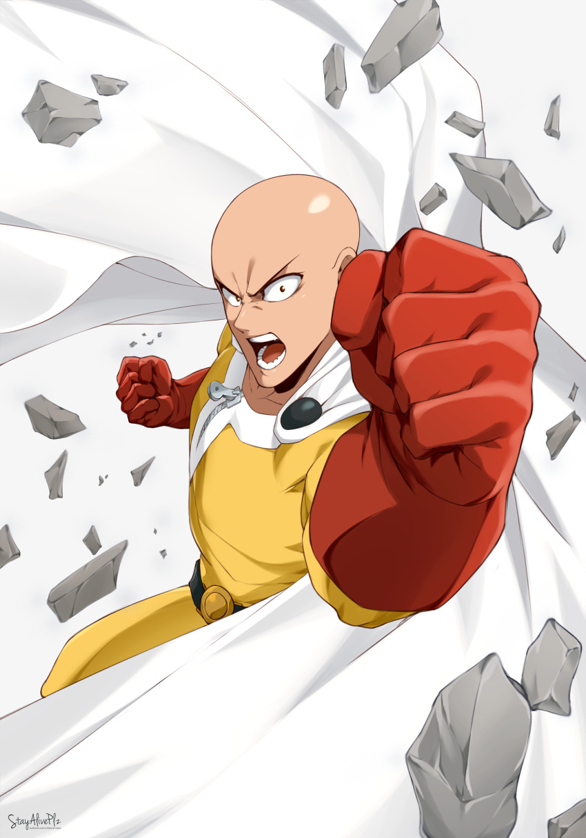 1boy absurdres bald bodysuit cape clenched_hands debris gloves highres looking_at_viewer male_focus one-punch_man open_mouth red_gloves saitama_(one-punch_man) solo stayaliveplz superhero white_background white_cape yellow_bodysuit