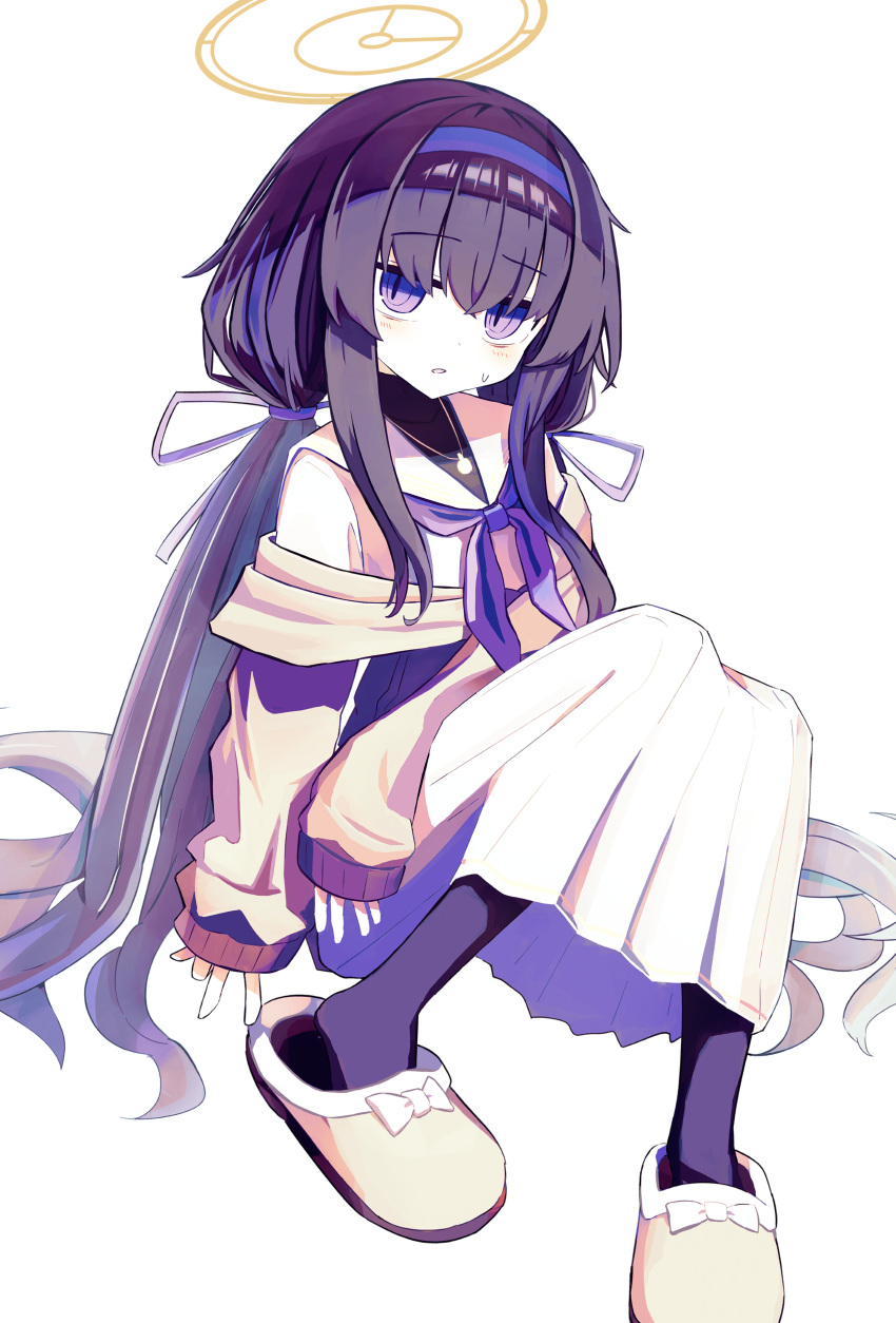 1girl absurdres bags_under_eyes black_pantyhose blue_archive blush cardigan commentary hairband halo highres knees_up long_hair looking_at_viewer neckerchief neumo_(_neumo_) pantyhose purple_hair purple_hairband purple_neckerchief sailor_collar shirt sidelocks simple_background sitting skirt sleeves_past_wrists slippers solo sweat twintails ui_(blue_archive) very_long_hair violet_eyes white_background white_sailor_collar white_shirt yellow_footwear yellow_skirt