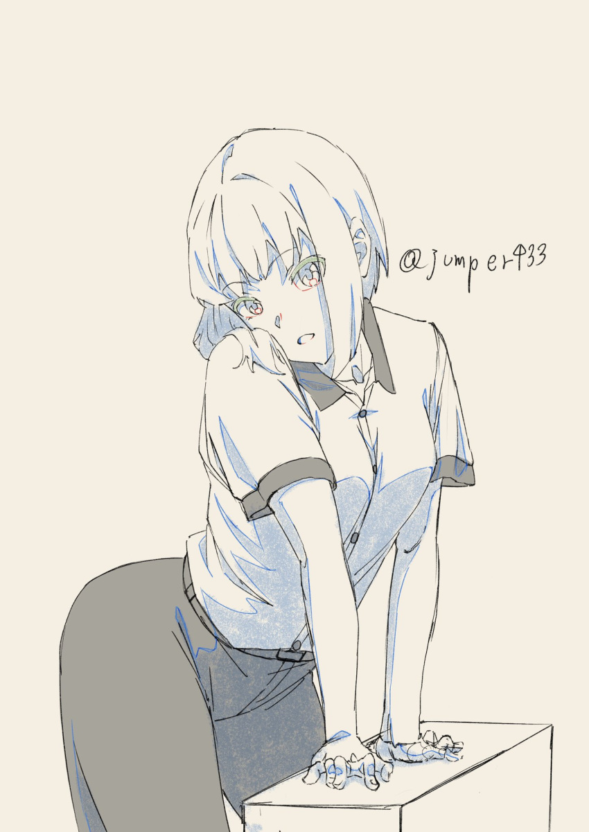 1girl bent_over breasts collared_shirt commentary_request contrapposto ebata_kyouhei greyscale highres leaning_on_object monochrome original pants shirt sketch small_breasts solo twitter_username