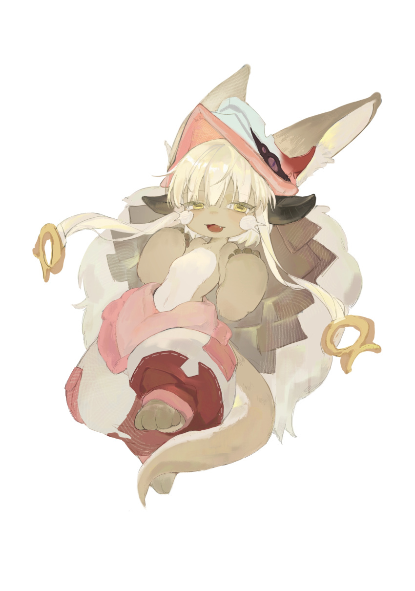 1other absurdres animal_ears brown_fur brown_tail fang full_body furry grey_hair grey_pants hands_up helmet highres horizontal_pupils looking_at_viewer made_in_abyss nanachi_(made_in_abyss) open_mouth other_focus pants pink_pants puffy_pants red_pants short_hair simple_background solo topless wangyang_bo_yang whiskers white_background yellow_eyes