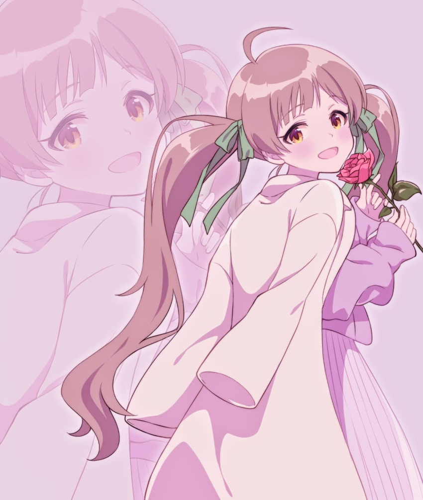 1girl ahoge blush brown_hair coat coat_on_shoulders commentary_request flower goma_konbu green_ribbon hair_ribbon hakozaki_serika highres holding holding_flower idolmaster idolmaster_million_live! long_hair long_skirt long_sleeves looking_at_viewer open_mouth pink_background pink_flower pink_rose pink_skirt pink_sweater pleated_skirt ribbon rose skirt smile solo sweater twintails white_coat yellow_eyes zoom_layer