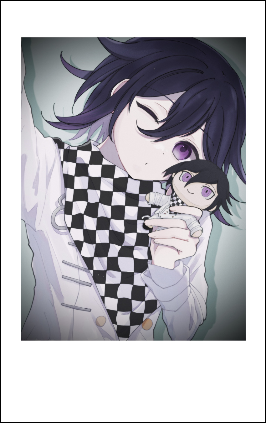 1boy absurdres arm_up black_hair buttons character_doll checkered_clothes checkered_scarf closed_mouth danganronpa_(series) danganronpa_v3:_killing_harmony doll flipped_hair fuyu_ko grey_jacket hair_between_eyes hand_up highres holding holding_doll jacket long_sleeves looking_at_viewer male_focus oma_kokichi one_eye_closed pink_eyes scarf solo upper_body white_background