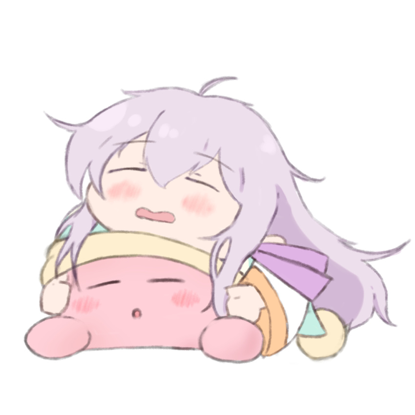1boy 1girl blush closed_eyes commentary_request fire_emblem fire_emblem:_genealogy_of_the_holy_war julia_(fire_emblem) kirby kirby_(series) lying on_stomach open_mouth poaa_20 purple_hair sleeping sleeping_on_person white_background
