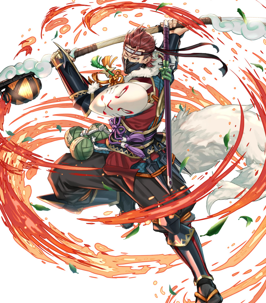 1boy attack fire_emblem fire_emblem_fates fire_emblem_heroes flaming_weapon fox_mask headband highres holding holding_polearm holding_weapon japanese_clothes kunai male_focus mask mask_on_shoulder mouth_mask ninja non-web_source official_alternate_costume official_art one_eye_closed pectoral_cleavage pectorals polearm rope saizo_(fire_emblem) saizo_(ninja)_(fire_emblem) scar scar_across_eye shimenawa solo tabi v-shaped_eyebrows weapon