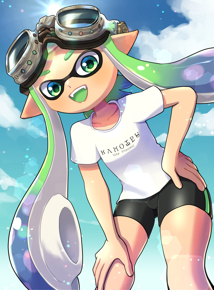 1girl absurdres bike_shorts black_shorts clouds day domino_mask fangs goggles goggles_on_head green_eyes green_hair hand_on_own_hip hand_on_own_thigh highres inkling inkling_girl leaning_forward long_hair looking_at_viewer mano_(mix103) mask open_mouth outdoors pointy_ears shirt short_shorts short_sleeves shorts sky smile solo splatoon_(series) suction_cups tentacle_hair thighs white_shirt