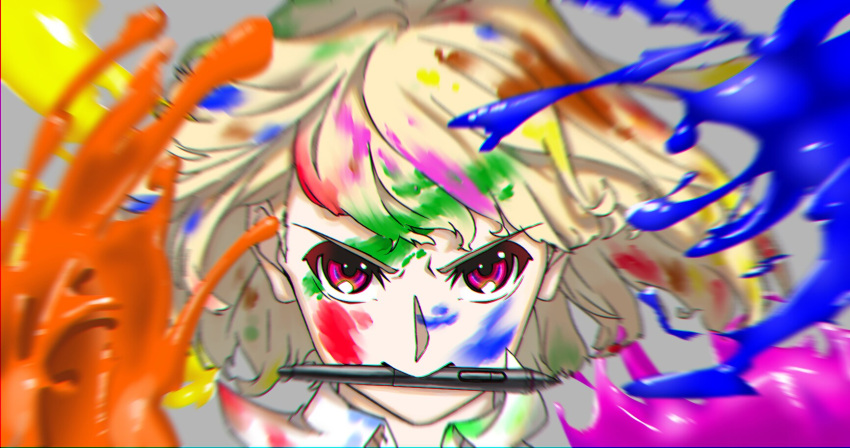 1other androgynous blonde_hair commentary_request ebata_kyouhei highres mouth_hold original other_focus paint paint_in_hair paint_on_body paint_on_clothes paint_splatter paint_splatter_on_face portrait serious stylus v-shaped_eyebrows violet_eyes